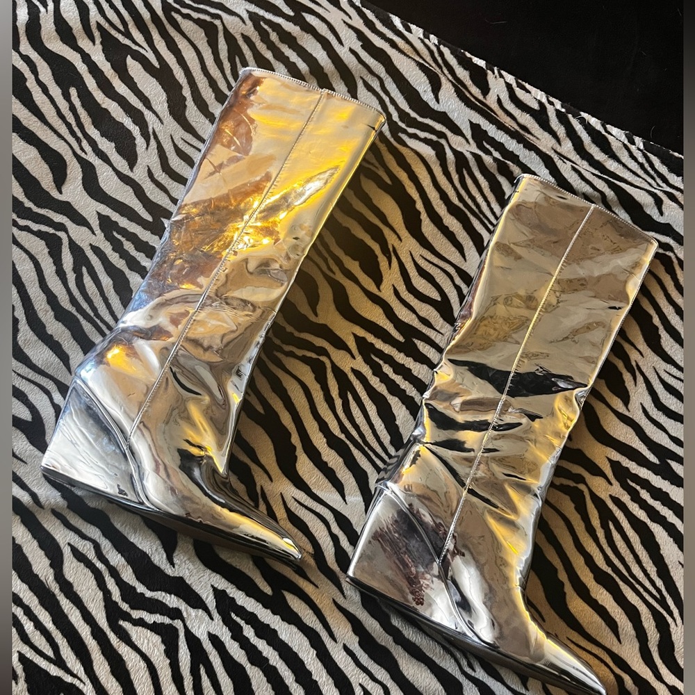 metallic latex heeled boot